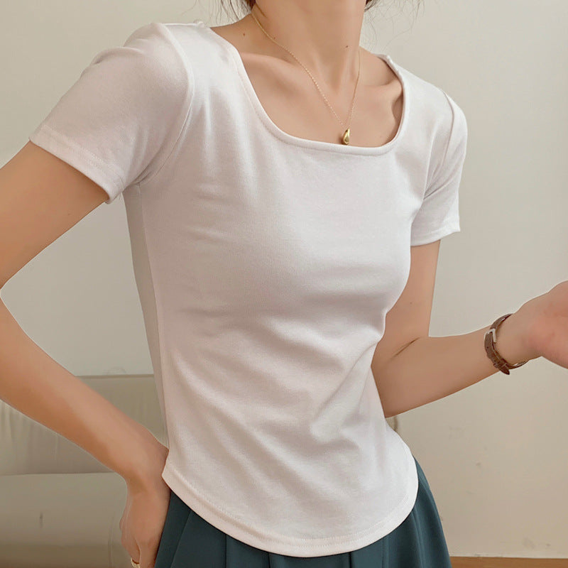 VLOVELAW 260G Selection Pure Cotton T-shirt Women's Summer Short Sleeve New Irregular Curved Slim Slimming U Collar Bottoming Top