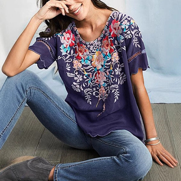 2025 summer Popular trade women's clothing short-sleeved embroidered top embroidered shirt crew neck shirt new