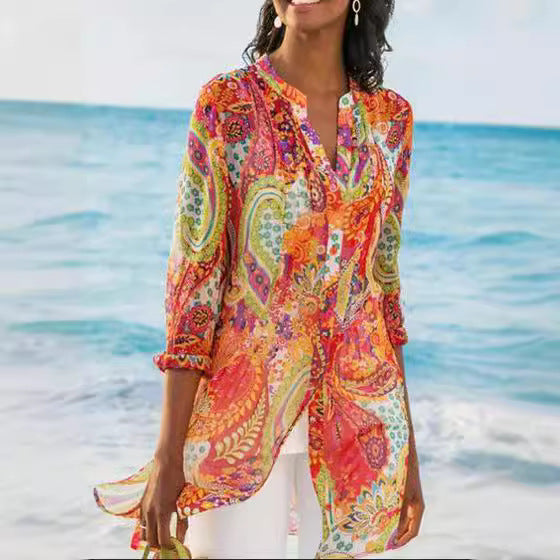 2025 summer new Popular trade women's clothing wish shirt bohemian vacation long shirt new
