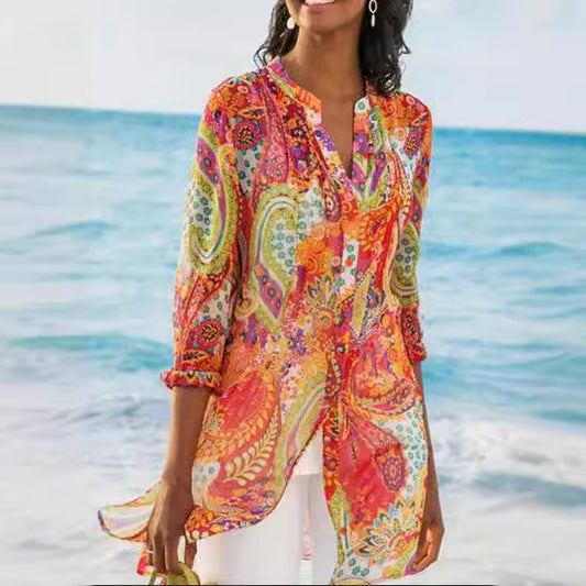 2025 summer new  Popular trade women's clothing  wish shirt bohemian vacation long shirt new