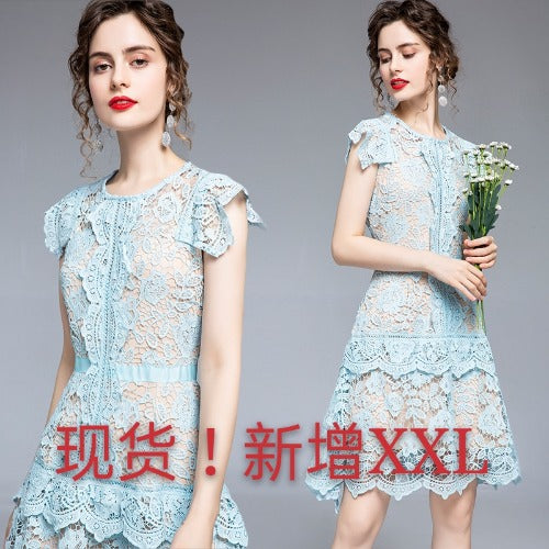 2021 summer new women's clothing heavy industry lace irregular fan skirt flying sleeves scheming slim dress