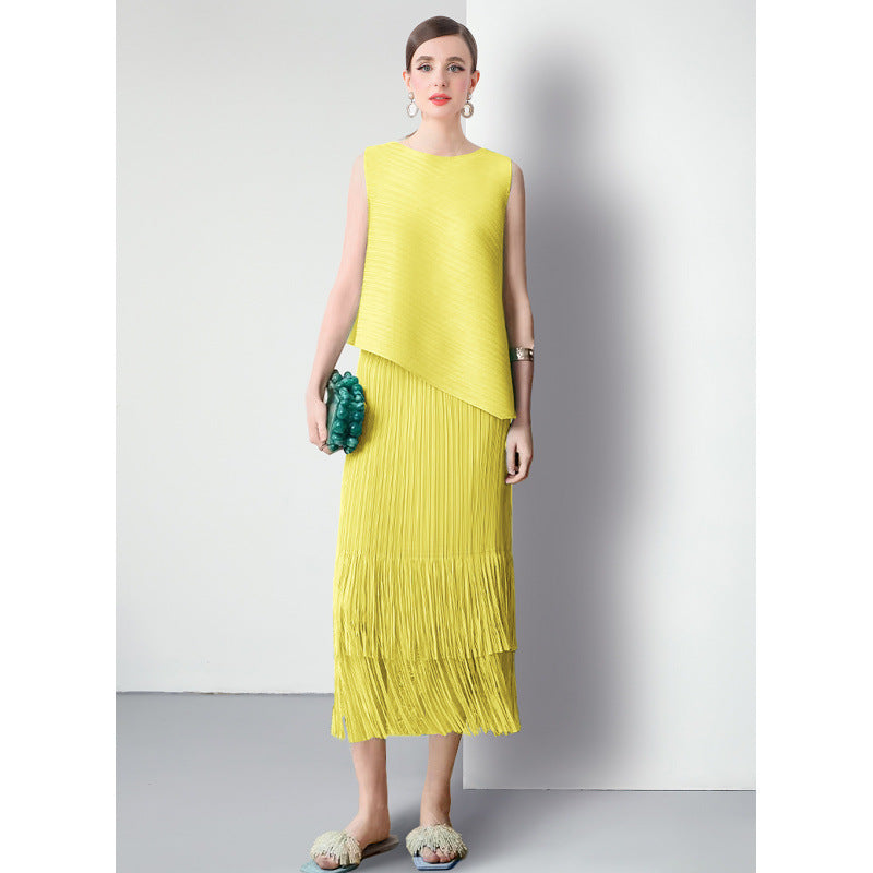 Miyake fashion pleated suit women's summer style Popular style sweet irregular vest top fringed skirt two-piece set