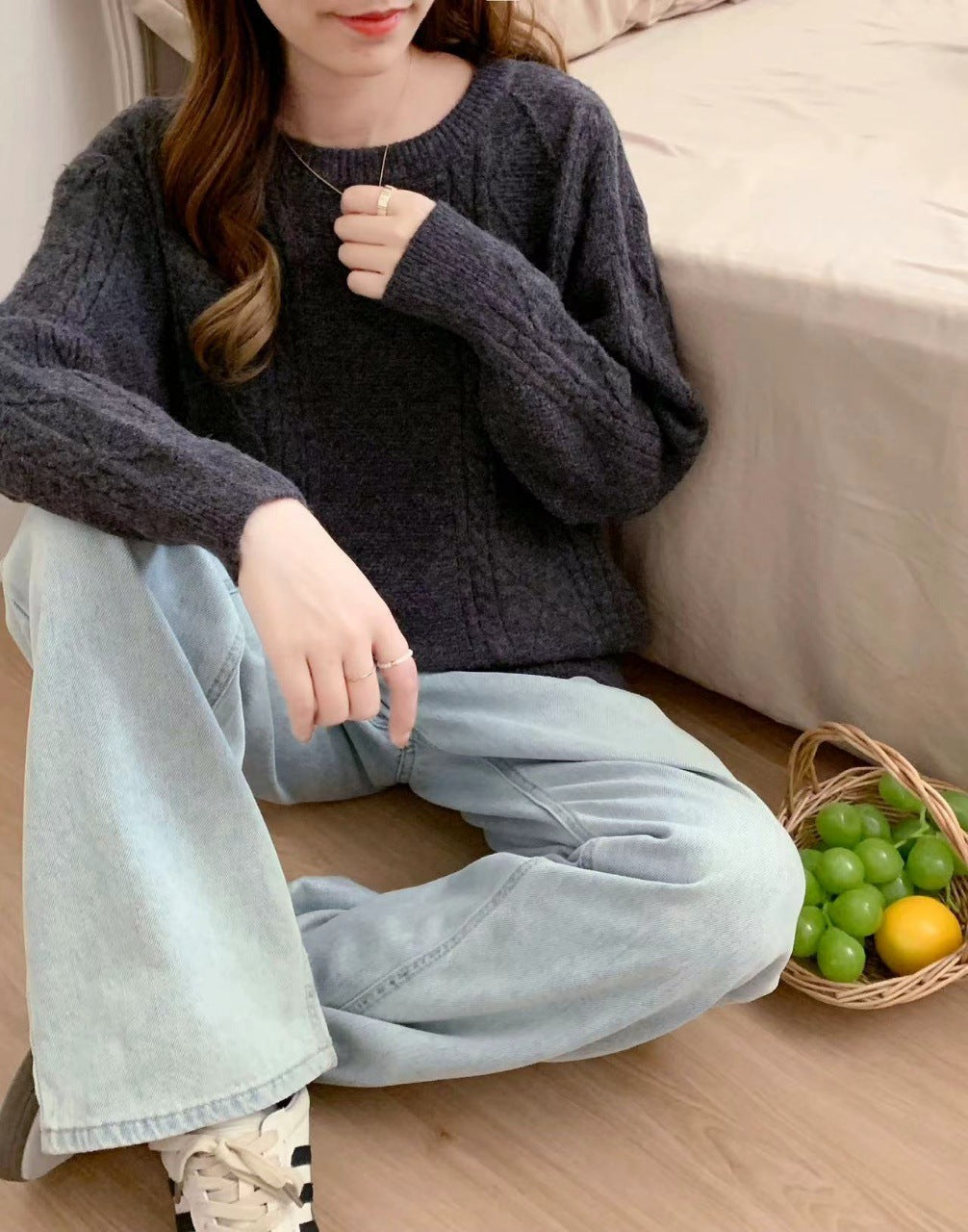 VLOVELAW New autumn and winter new women's clothing loose round neck pullover sweater women's rhombus lazy wind long-sleeved knitted sweater women's top
