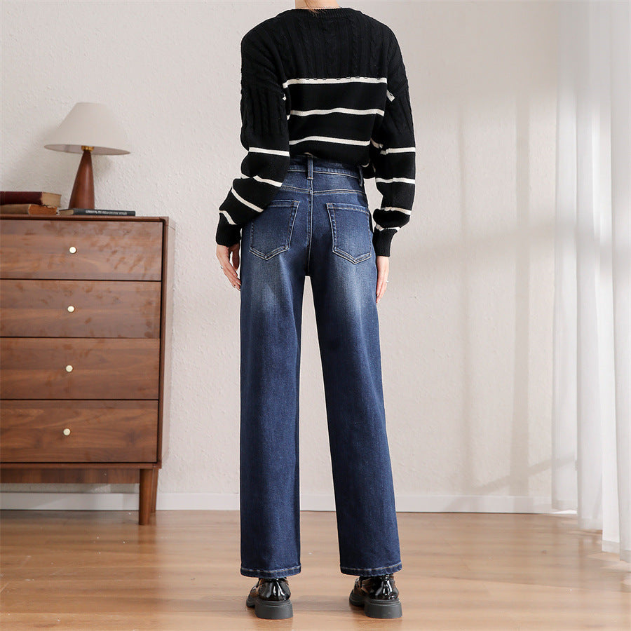 2025 Customized retro straight jeans women's spring and autumn high waist and thin fashion versatile commuter pipe pants