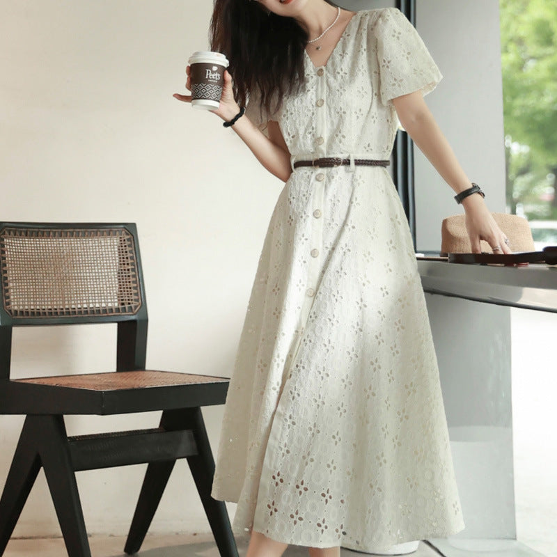 2025 Design Sense Heavy Industry Embroidery Dress White Hollow Embroidery Skirt Temperament Pure Cotton Long Dress Summer Women's Clothing