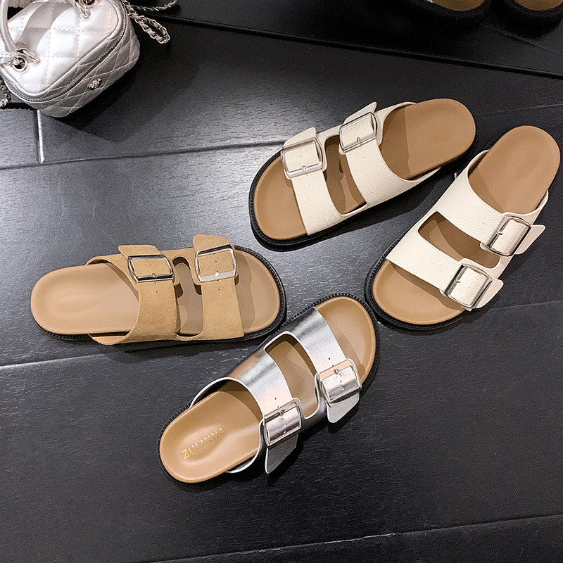 VLOVELAW Grape Mom's Same Retro Genuine Leather Slippers round Toe with Square Buckle Adjustable Platform Casual Boken Slippers
