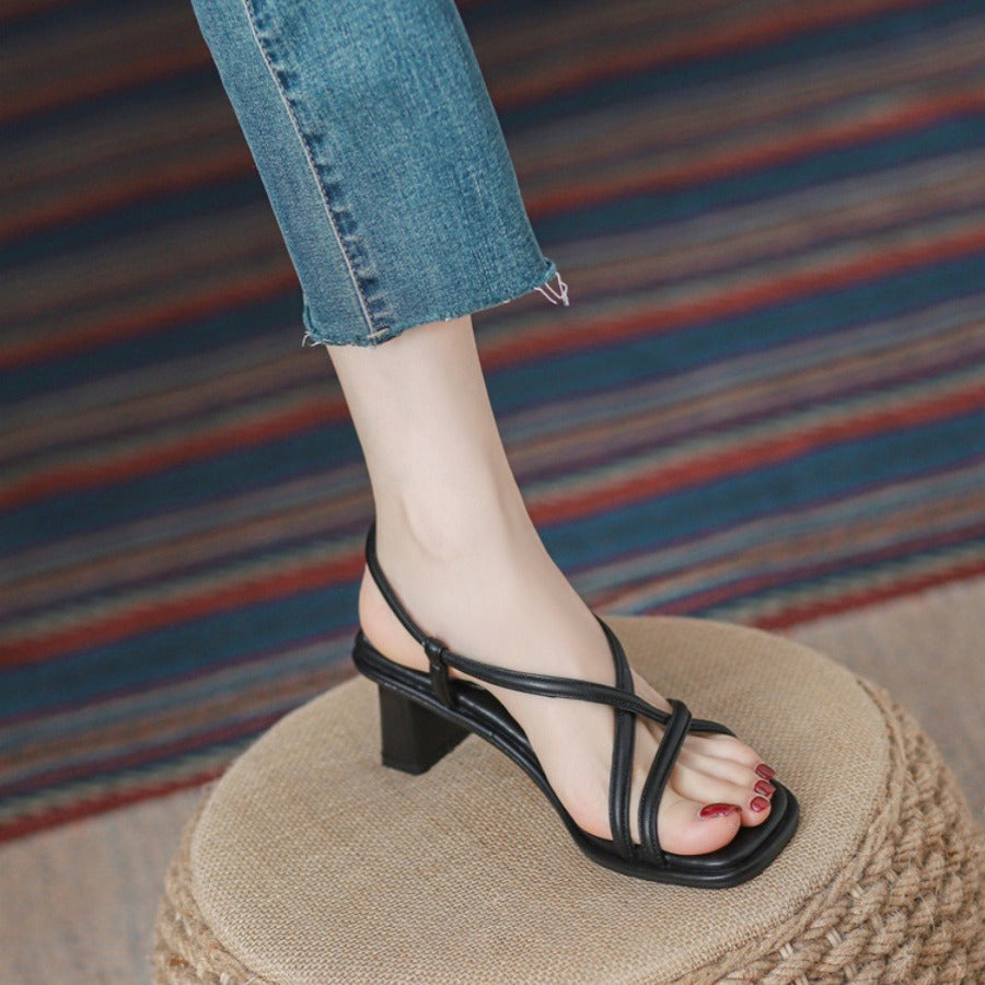 VLOVELAW Style High-Grade Open Toe Sandals for Women Summer New Elegant Chunky Heel Cross Strap Fashionable All-Match Roman Shoes