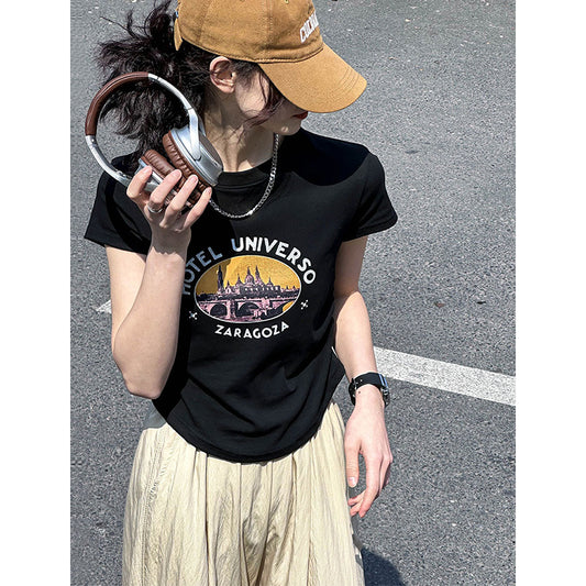 2025 Tachibana popular summer new T-shirt top women's Korean round neck waist retro niche printing short sleeve 2409-1
