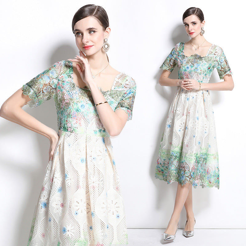 Medium and long hollow water-soluble lace dress women's short-sleeved spring and summer new slim-fit temperament high-end skirt