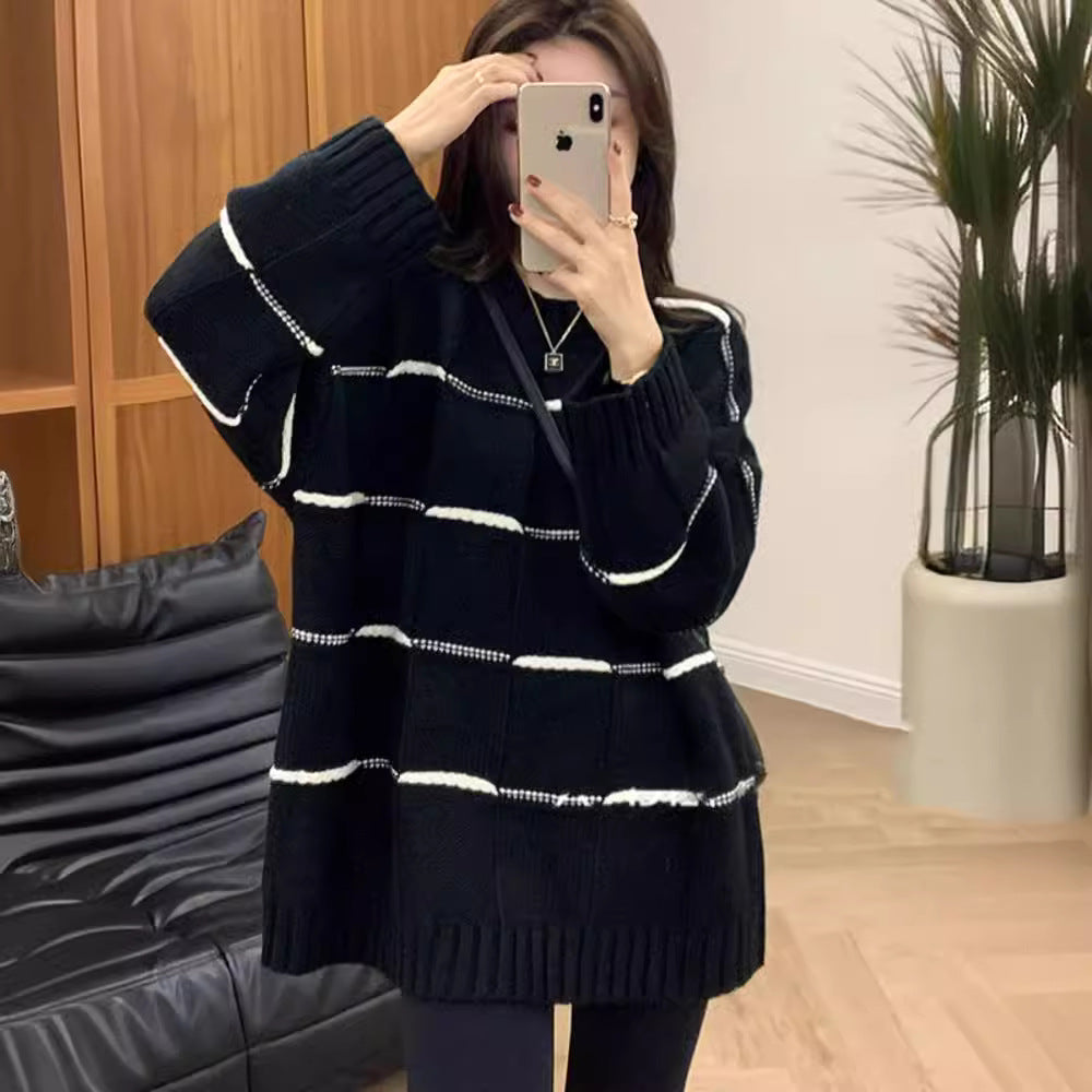 VLOVELAW Contrasting color striped crew neck sweater women's new popular autumn and winter casual loose lazy style medium and long knitted sweater