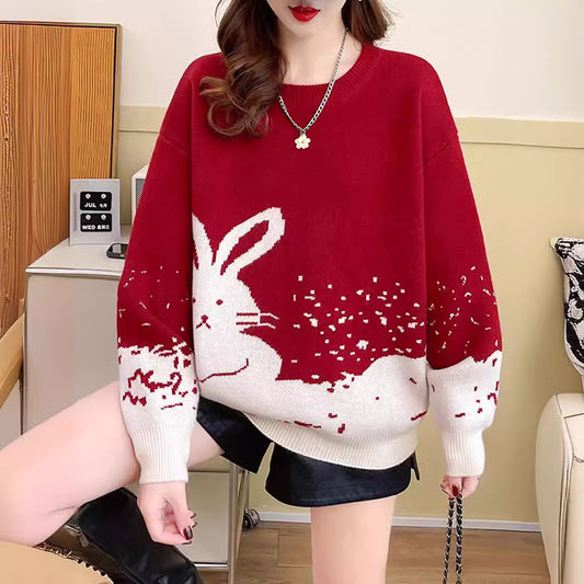 Year of the Rabbit red sweater female natal year autumn and winter loose  new popular thickened Popular style festive bottoming shirt