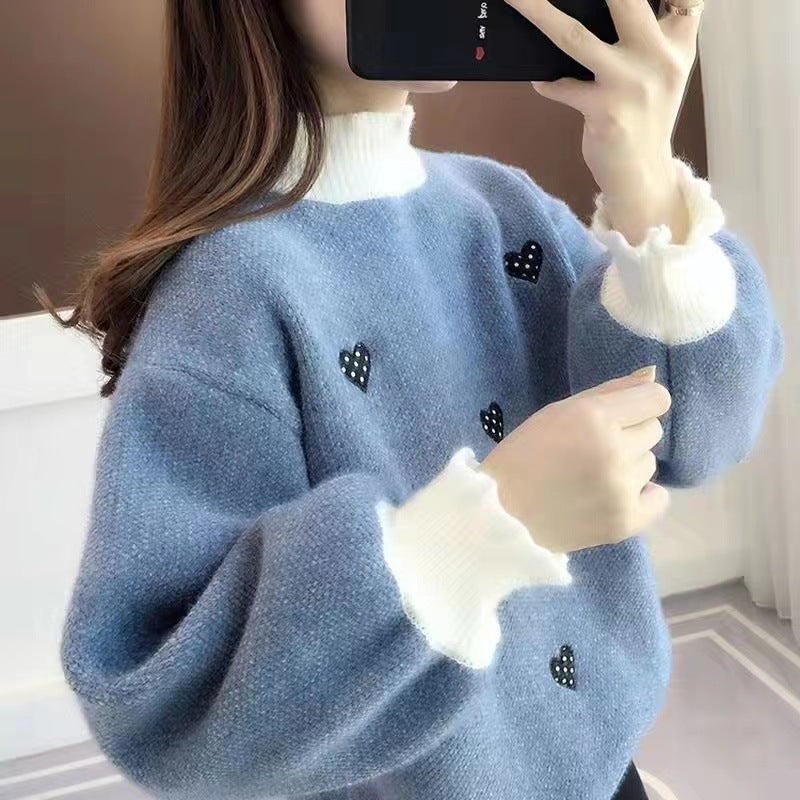 VLOVELAW New sweater women's New autumn and winter loose lazy wind semi-turtleneck pullover thickened knitted bottoming shirt top