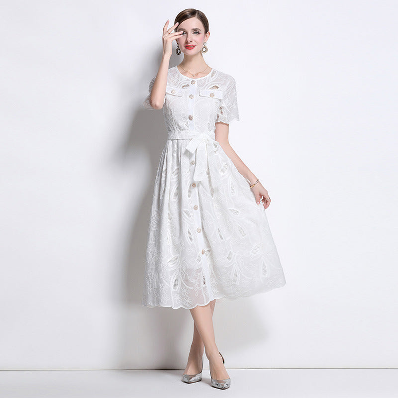 Summer retro heavy industry hollow embroidery round neck waist short sleeve dress women's thin single-breasted long skirt