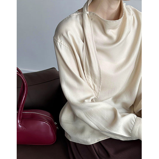 2025 Tachibana popular autumn new top niche temperament chic and thin irregular drape streamer shirt women 4533