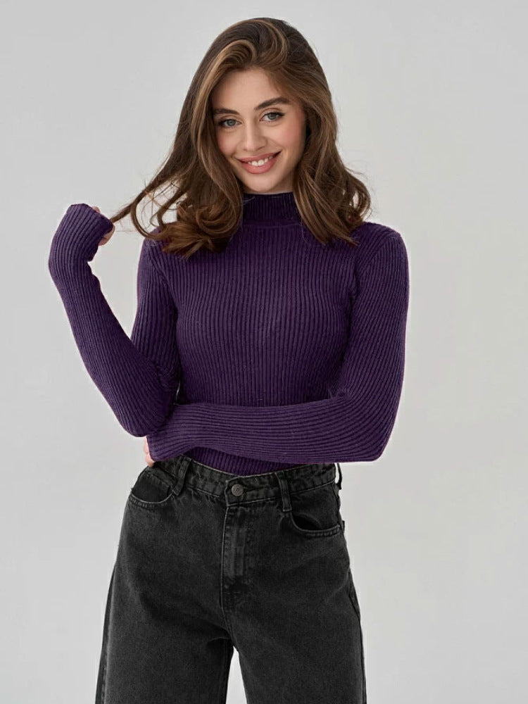 KKBOXLY Cross-border solid color semi-turtleneck sweater Europe, America and New autumn and winter women (24 colors in stock) slim-fit knitted bottoming shirt