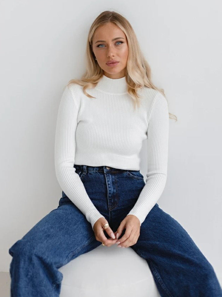 KKBOXLY Cross-border solid color semi-turtleneck sweater Europe, America and New autumn and winter women (24 colors in stock) slim-fit knitted bottoming shirt