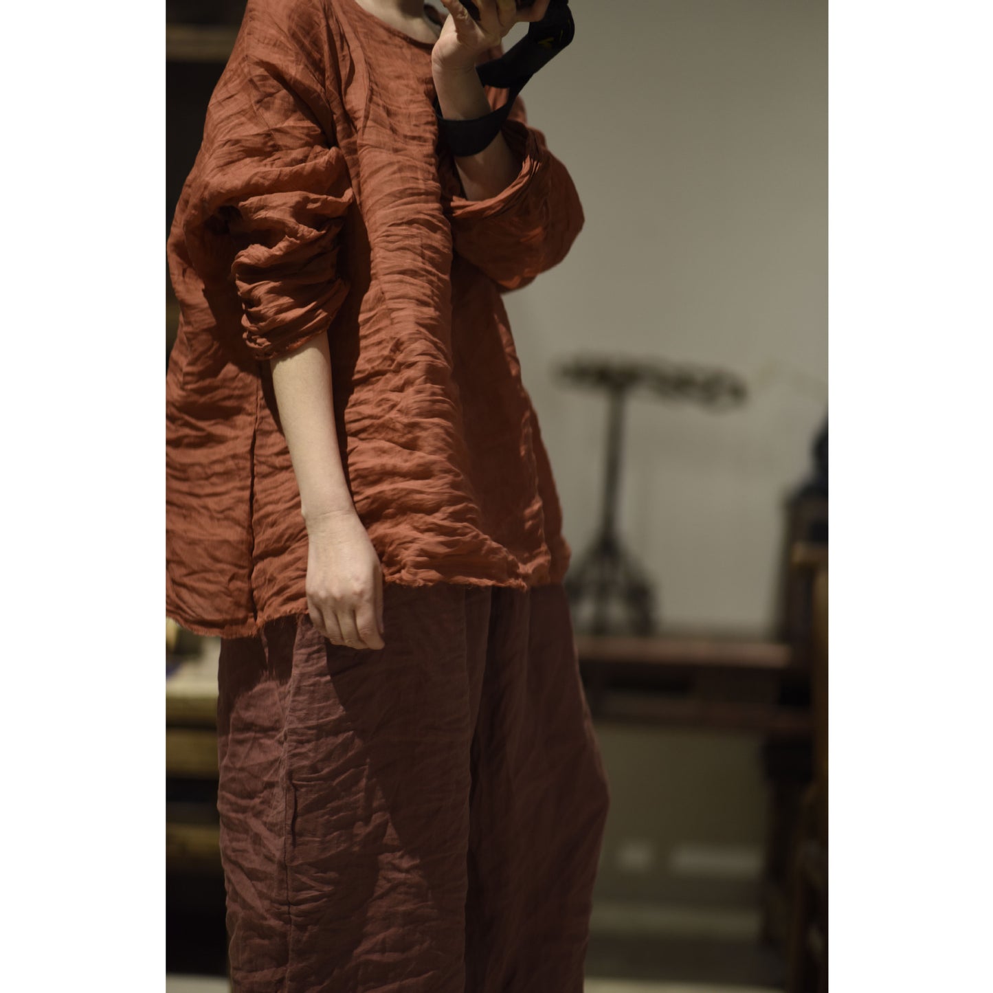2025 23/3 small beard, literary and retro ramie washed rough edge pullover, shoulder-length loose shirt