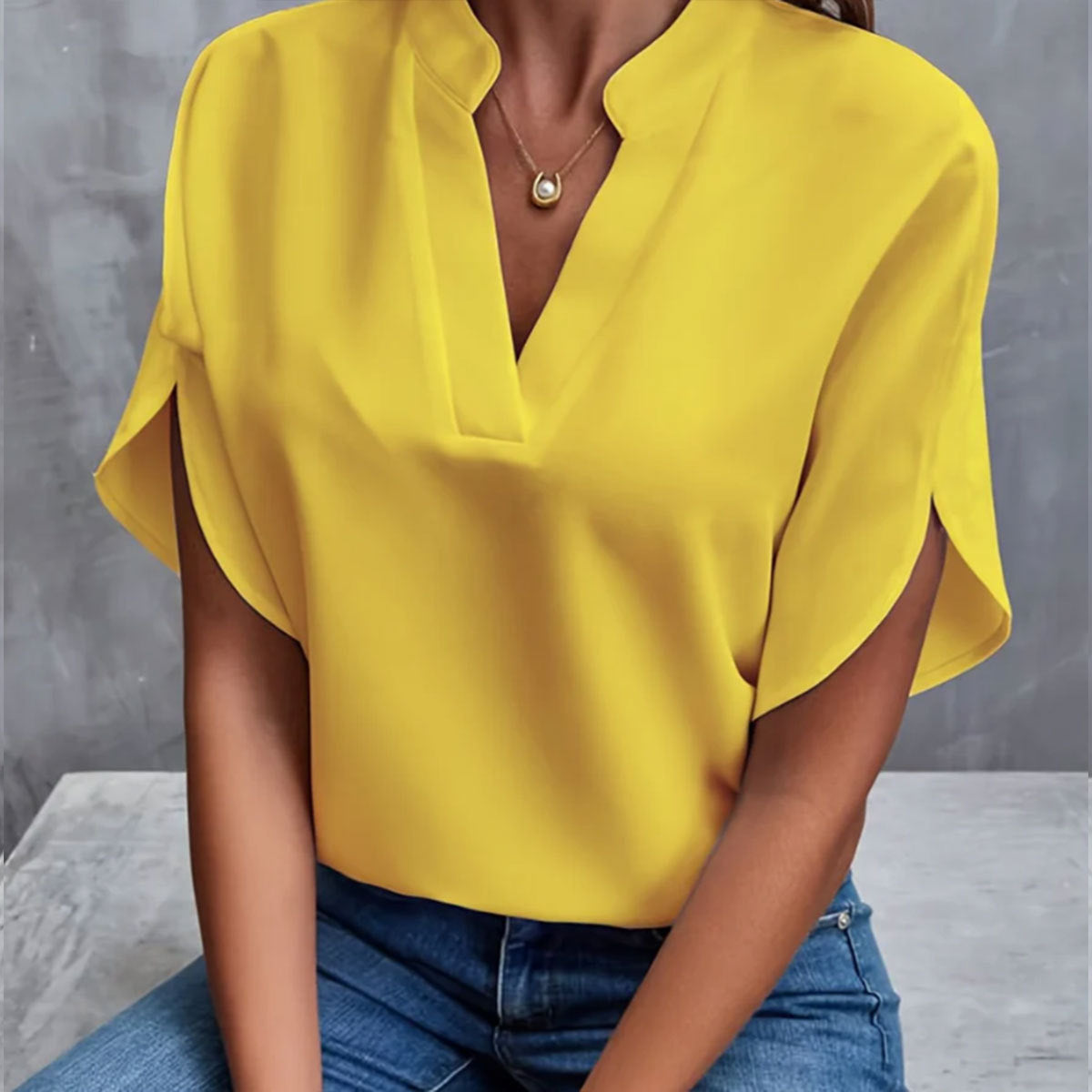 VLOVELAW Foreign Trade Summer New V-neck Shirt Women's Pure Color Casual Versatile European and American Short Sleeve Pullover Shirt