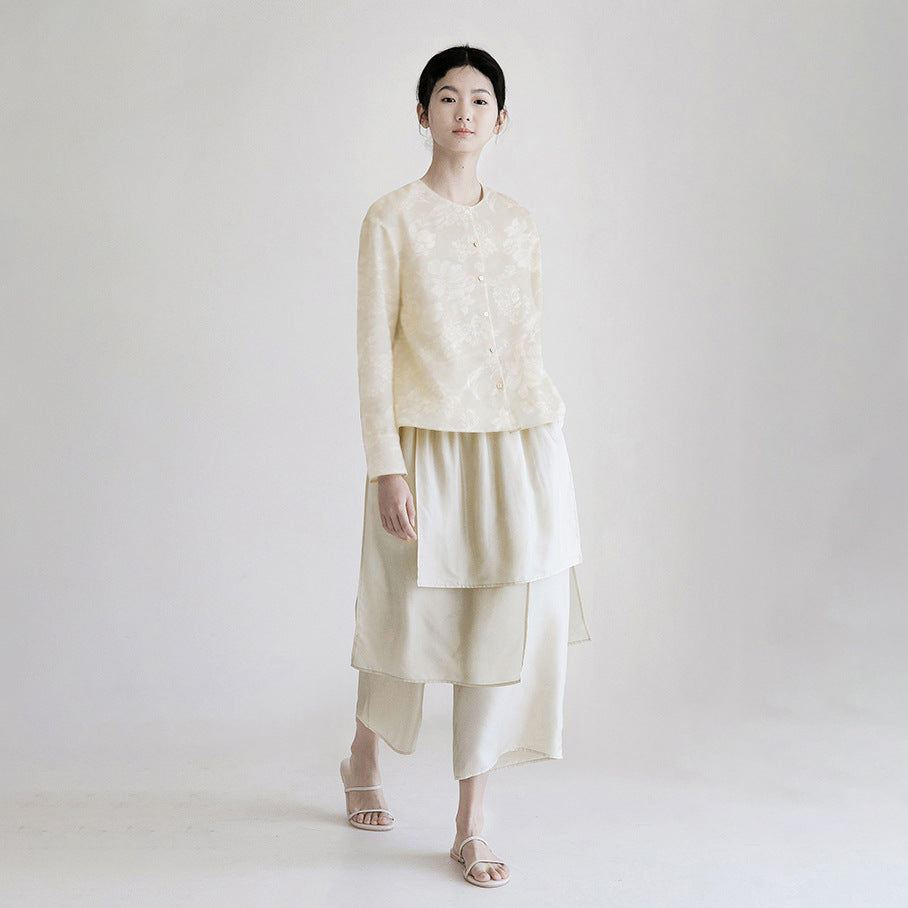 New Chinese top women's summer, shirt women's spring and summer, Chinese women's clothing, beige round neck casual cardigan B0456