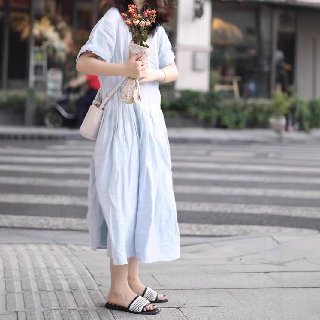 Spring and summer dress women's skirt long skirt blue heavy industry organ pleated ramie crew neck college skirt 220625