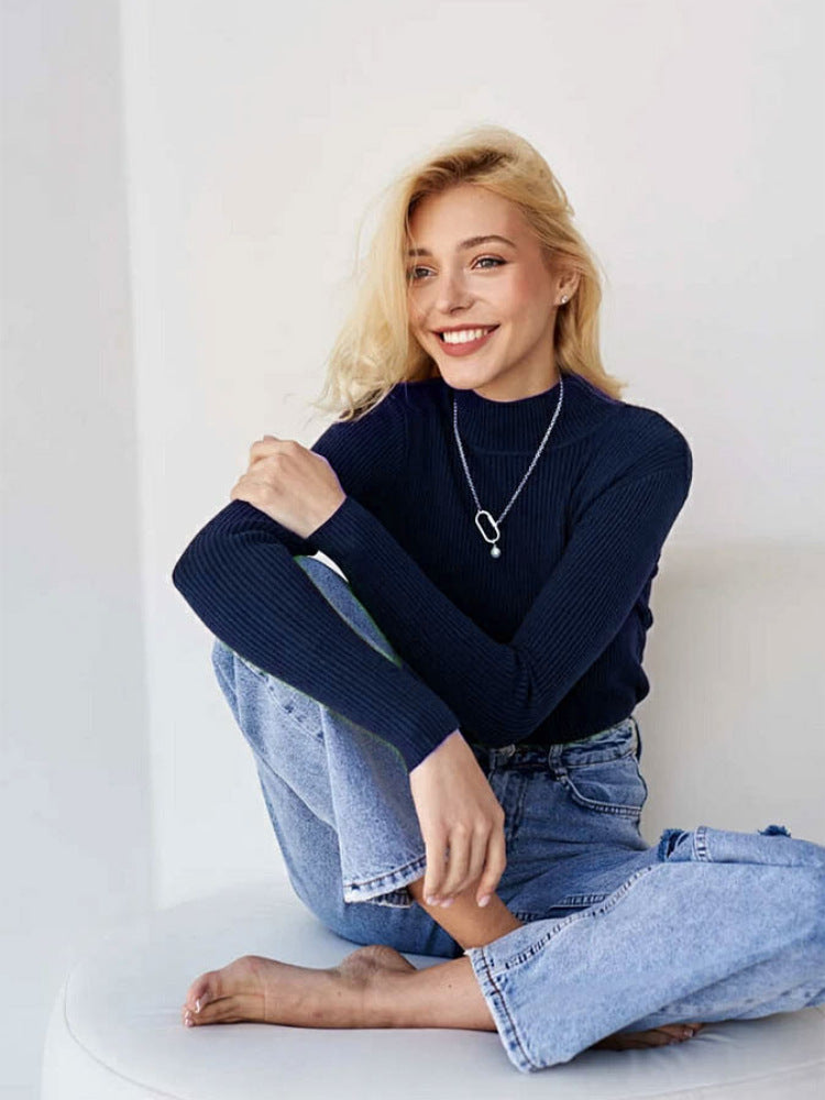 KKBOXLY Cross-border solid color semi-turtleneck sweater Europe, America and New autumn and winter women (24 colors in stock) slim-fit knitted bottoming shirt