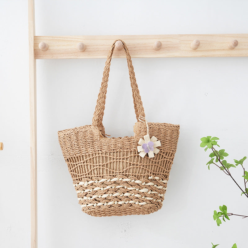 VLOVELAW Woven Straw Shoulder Bag Versatile Large Capacity Tote Bag with Lining Hollow HAILANG Corrugated Summer Beach Women's Bag