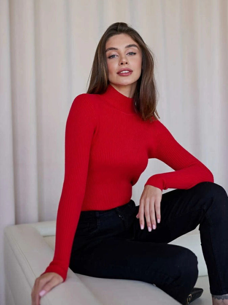 KKBOXLY Cross-border solid color semi-turtleneck sweater Europe, America and New autumn and winter women (24 colors in stock) slim-fit knitted bottoming shirt