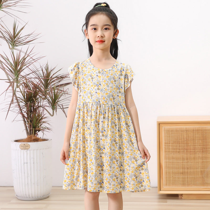 VLOVELAW Girls Dress Kids' Skirt Summer Baby Cotton Silk Floral Skirt Baby Girl Short Sleeve Princess Dress Clothes Children's Clothing