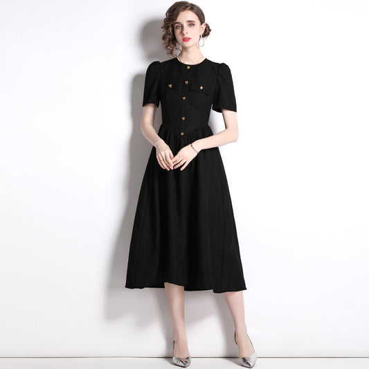 retro Hepburn style temperament waist dress women's summer  new coffee break  black skirt
