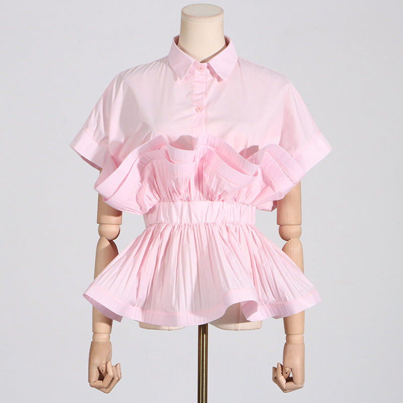 2025 spring new fashion lapel ruffle edge splicing design sense waist thin high-end short-sleeved shirt women