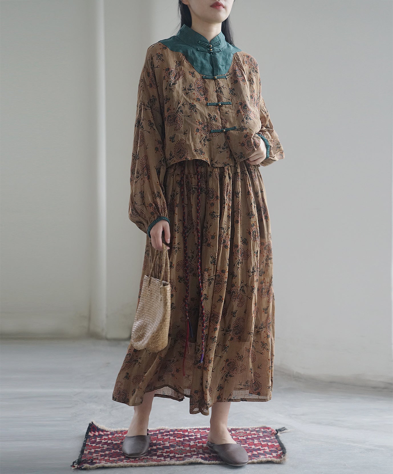 retro digital printing ramie pendulum skirt, literary double-layer elegant elastic waist dress B22228