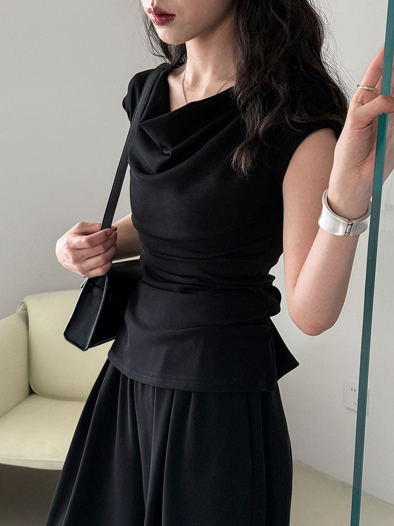 Luxi, Korean swinging collar set asymmetrical slanted shoulder T-shirt + high-waisted casual wide-leg pants summer two-piece set 2678