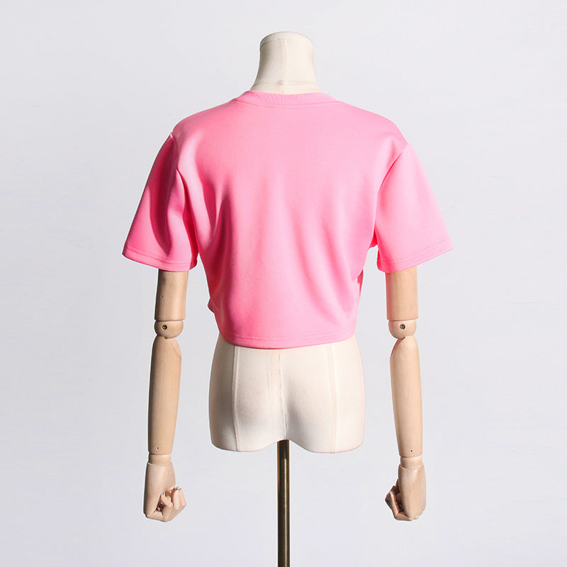 2025 summer new diamond sequined bow design short-sleeved T-shirt women's niche design short top