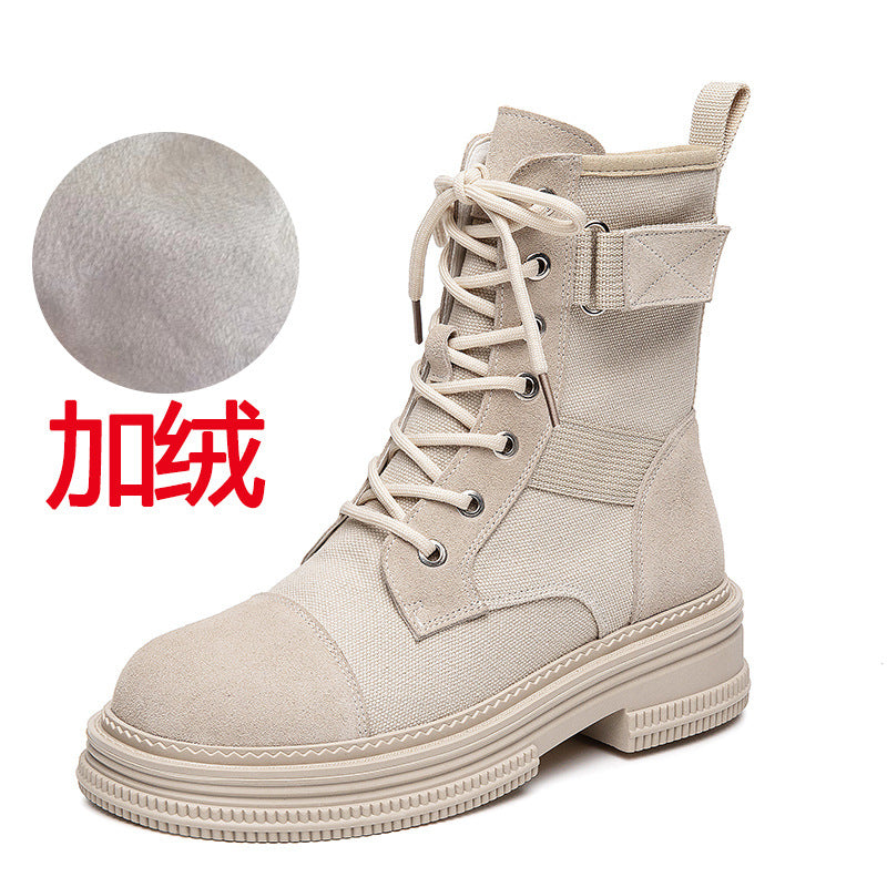 Leather Martin Boots Women's Spring New Height Increasing Insole Canvas Women's Boots Thick Bottom Side Zipper Fleece-lined Short Desert Boots