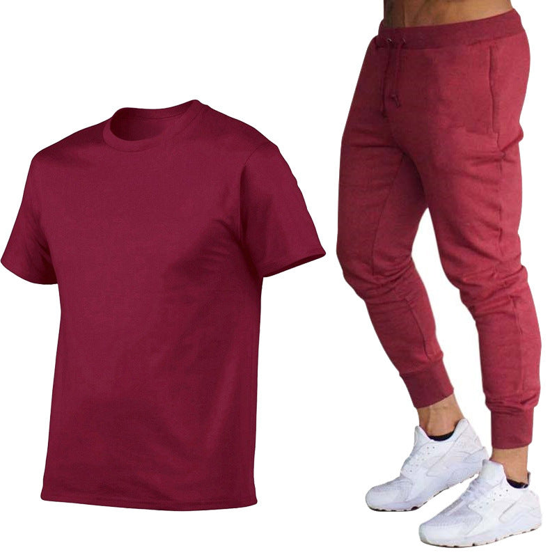 VLOVELAW Summer Men's Solid Color Simple Set Crew Neck Cotton T-Shirt + Trousers Fashion Hundred. Match Two-piece Set