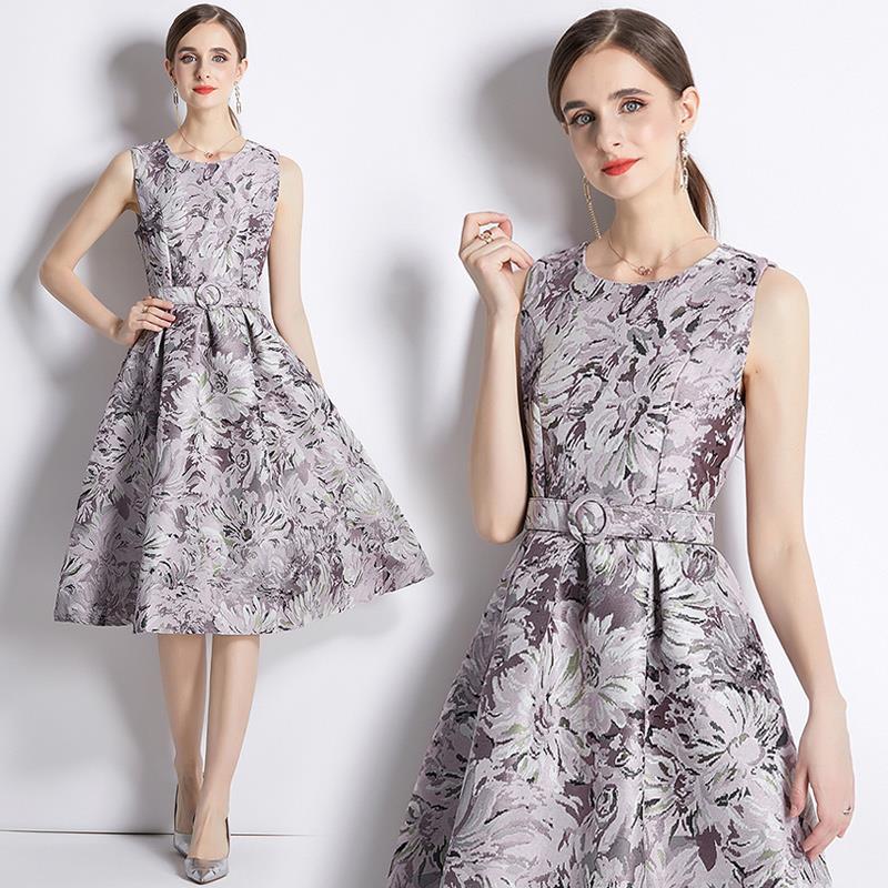Popularan station women's clothing spring and summer new women's clothing retro sleeveless jacquard dress slim A-shaped skirt