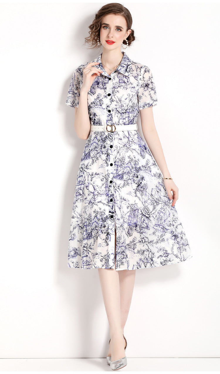 Medium and long shirt shirt skirt women's popular summer new retro lapel single-breasted printed lace-up dress