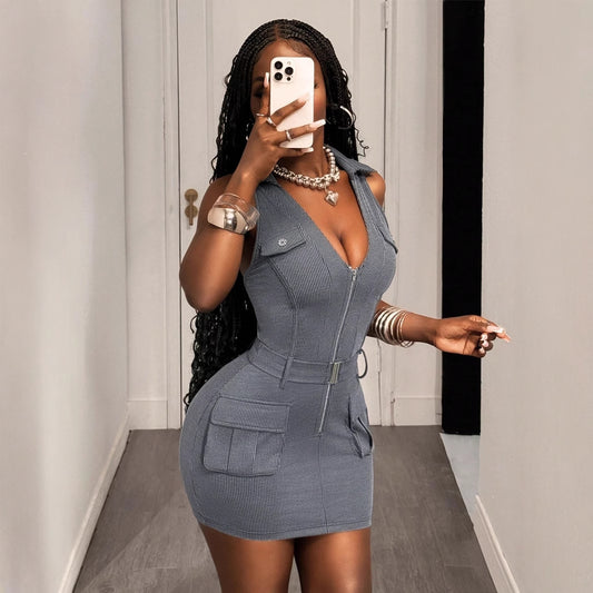 New sexy babes sleeveless hip-wrapped short skirts versatile waist and thin tooling pocket dresses