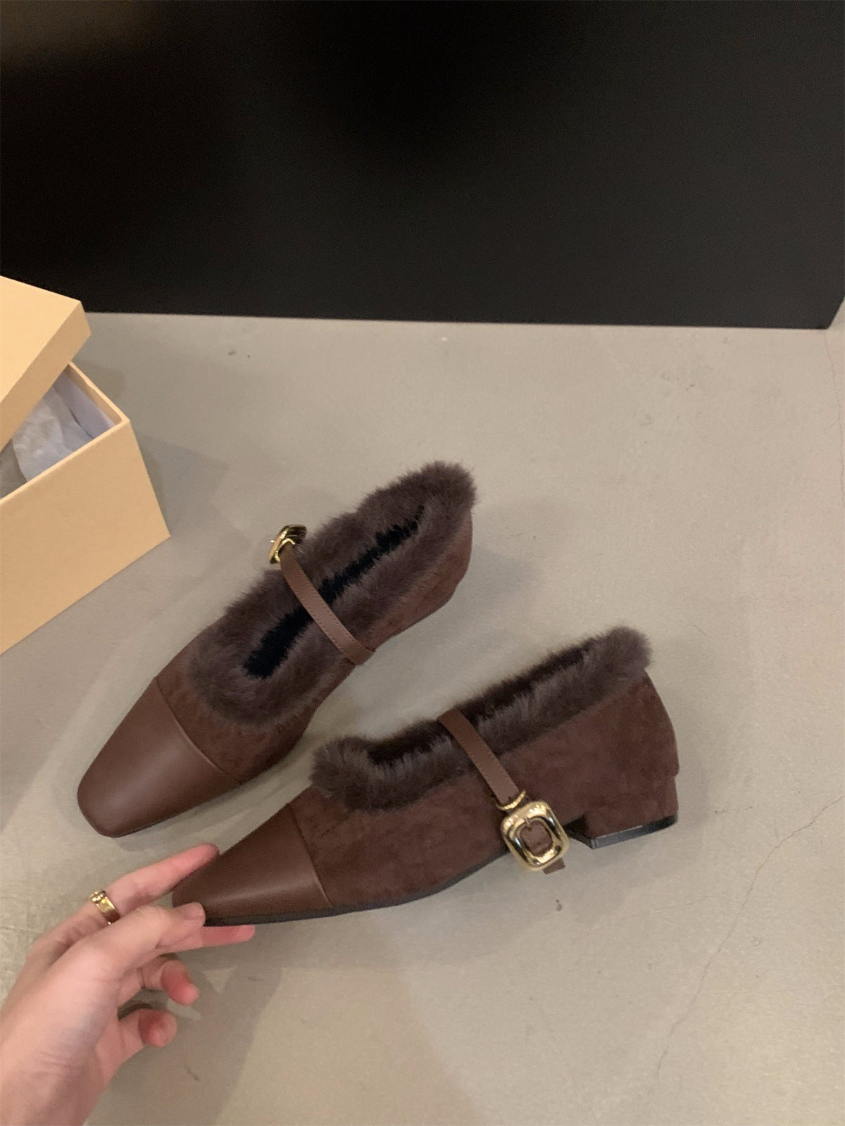 low-heeled plush shoes Mary Jane single shoes women's shoes popular new autumn and winter warm cotton shoes evening
