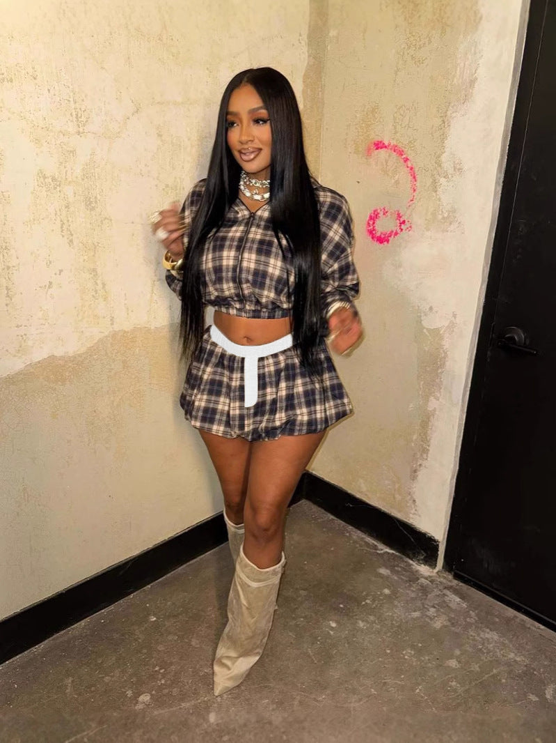 new New fashion millennial girl grid printing zipper short coat top bud short skirt set
