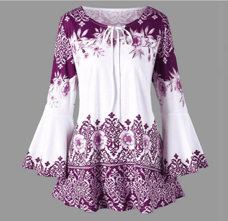 VLOVELAW European and American New Women's Clothing Printing Long Horn Sleeve Lace-up T-shirt Slim Long Sleeve plus Size Women's Clothing