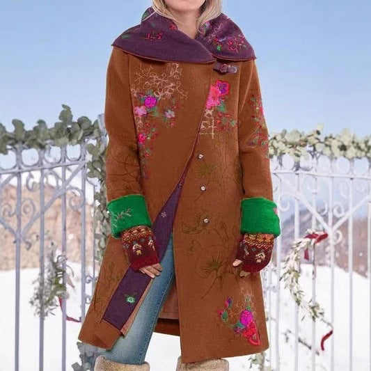 2025 autumn and winter new Popular trade women's clothing medium and long printed top long sleeve woolen coat new