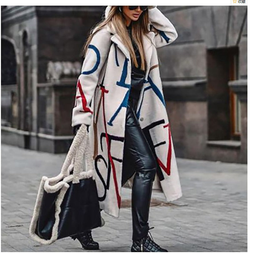 In stock! New autumn and winter new women's clothing loose large size printed trench coat lapel coat coat women