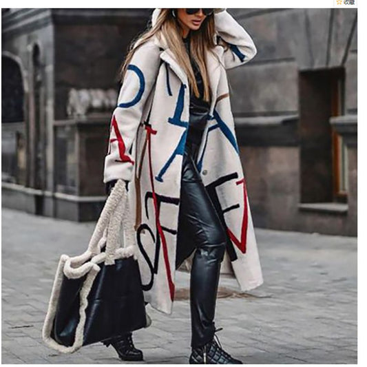 In stock! New autumn and winter new women's clothing loose large size printed trench coat lapel coat coat women