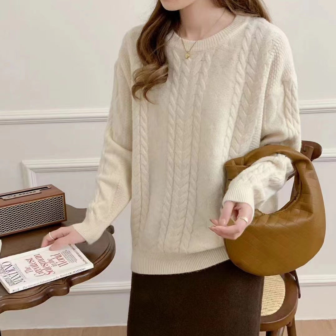 VLOVELAW New autumn and winter new solid color casual loose lazy style round neck fashion versatile knitted pullover sweater top women