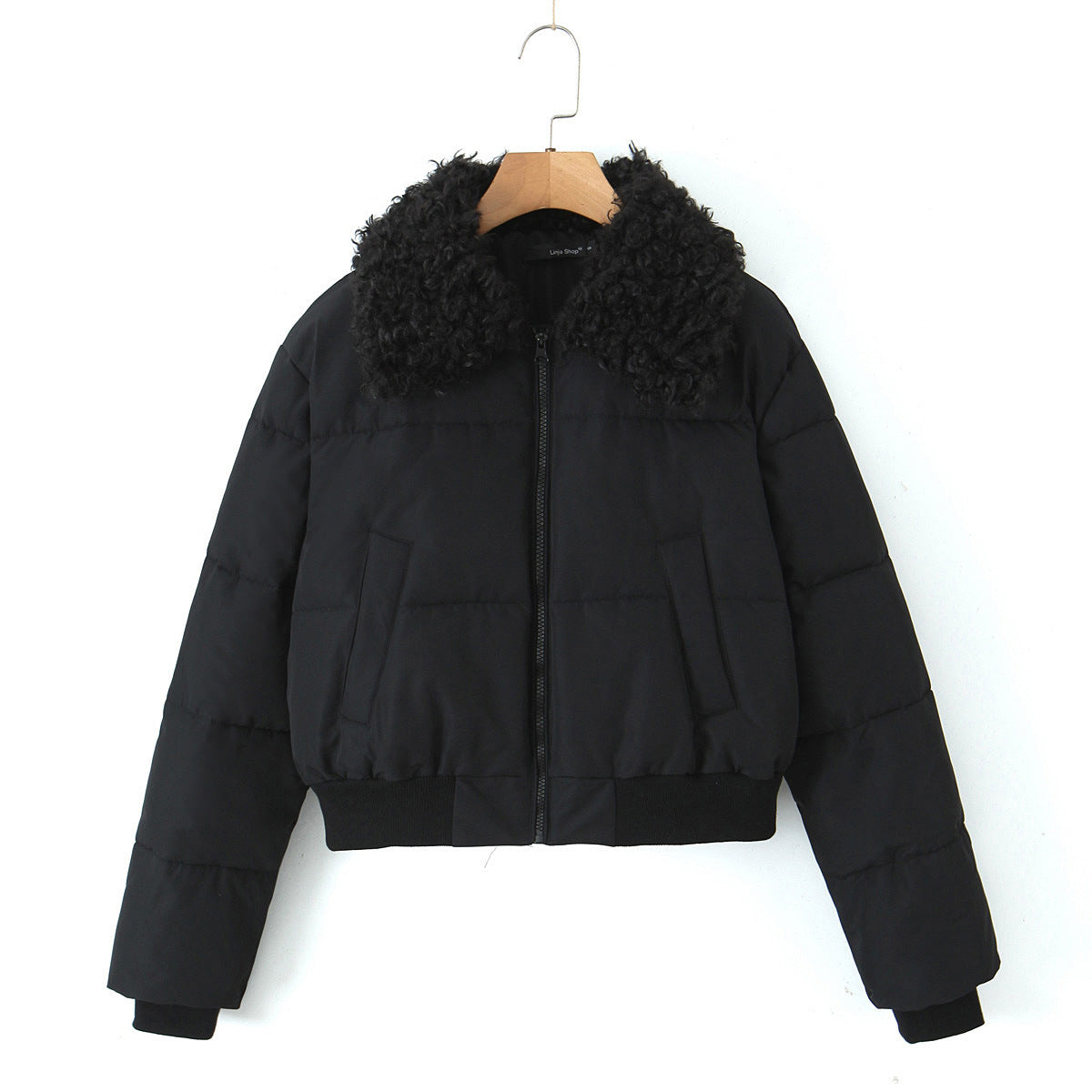 Black lamb wool collar short cotton-padded coat for women's 2023 autumn and winter new European and American spice girls thickened warm bread jacket