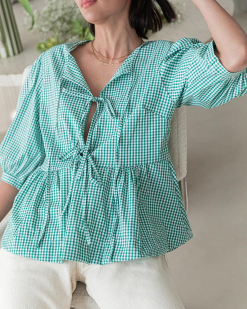 VLOVELAW Cross-Border Spring/Summer New Women's Tops Fashion Striped Stitching Shirt Top Women's European and American Style