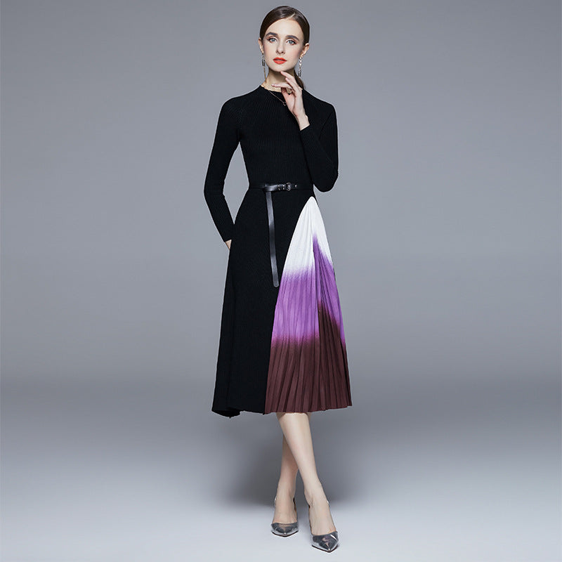 Knitted dress women's autumn and winter temperament slim and thin medium and long splicing gradual change of color pleated sweater skirt tide