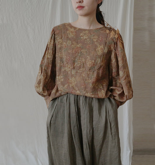 pastoral life ramie printed shirt, retro cool  bubble sleeve top S22276