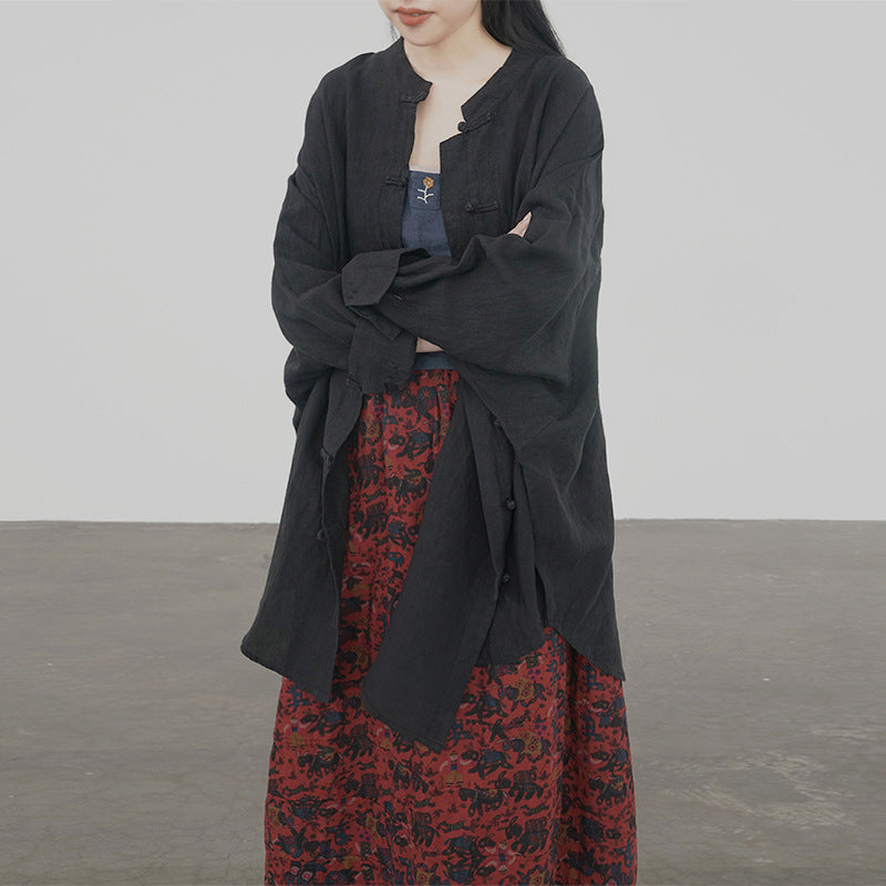 early autumn retro loose silhouette linen jacket, national style casual free and easy disc buckle long trench coat S22271